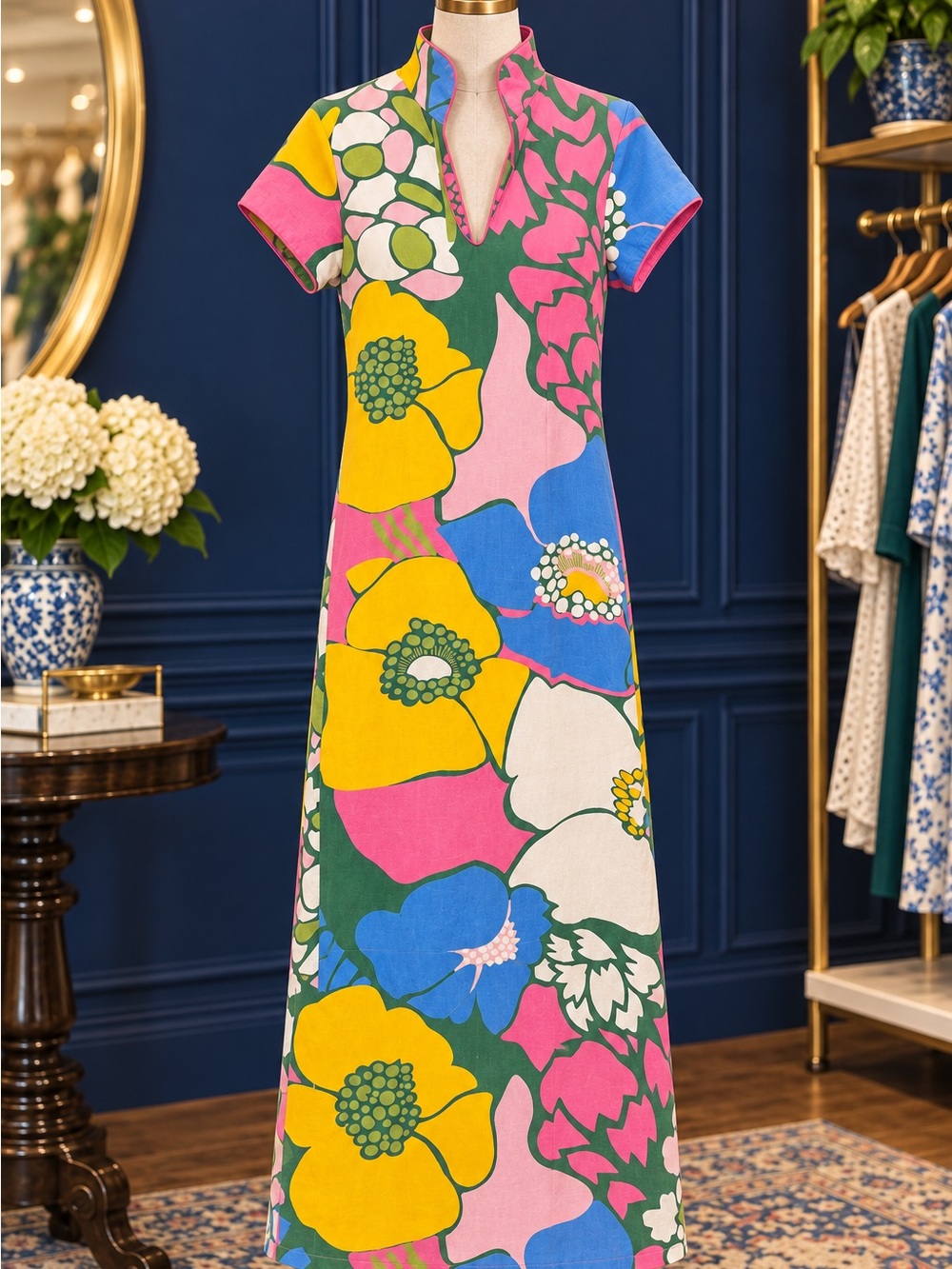 CK Bradley Vibrant Floral Maxi Dress - Pink, Yellow & Blue Mod Groovy Small